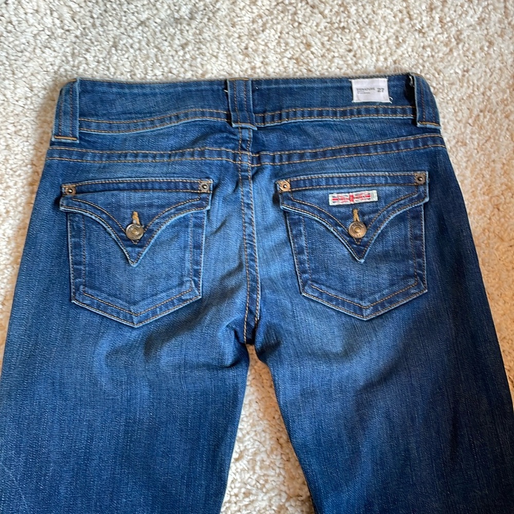 New women’s Hudson jeans dark blue with nude stitch signature boot 27 34 stretch